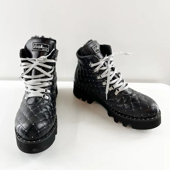 Montelliana Fur Lined Leather Studded Quilted Ankle Combat Boots Black 8.5