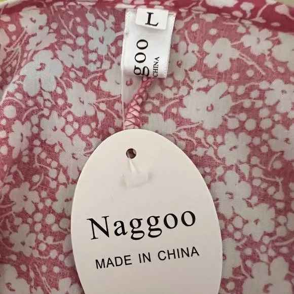 Naggoo NWT  flarge pink and white floral v neck ruffle short sleeve wrap dress
