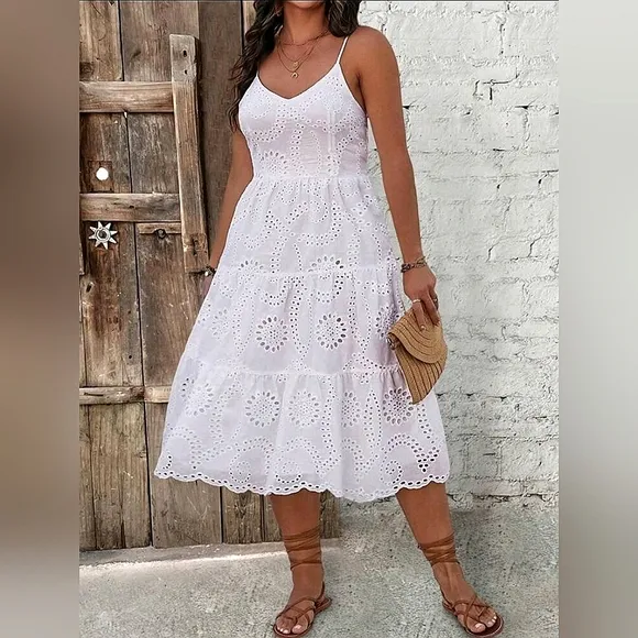New Boho Embroidered Eyelet Lace Cami Tiered Dress PLUS White