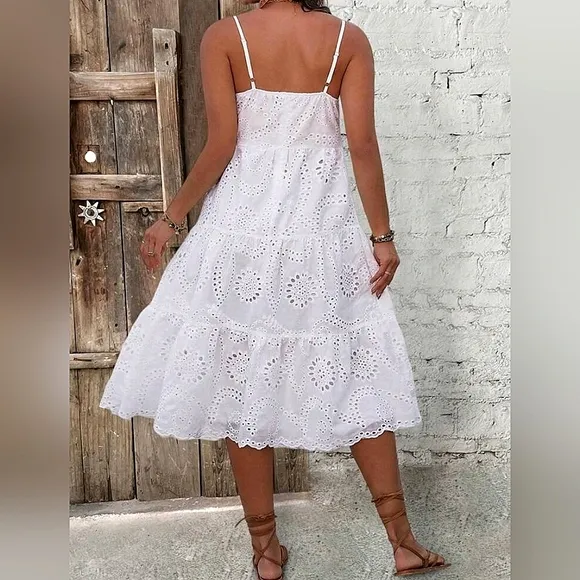 New Boho Embroidered Eyelet Lace Cami Tiered Dress PLUS White