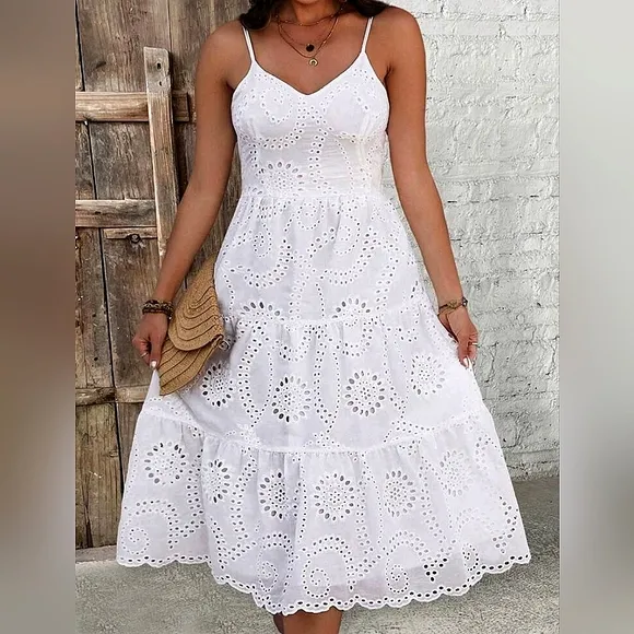 New Boho Embroidered Eyelet Lace Cami Tiered Dress PLUS White