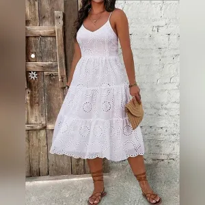 New Boho Embroidered Eyelet Lace Cami Tiered Dress PLUS White