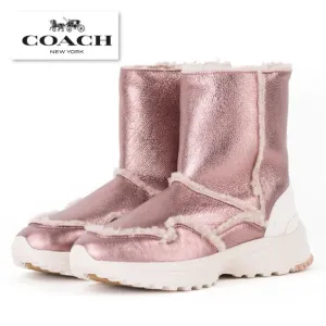 NEW Coach Portia Cold Weather Bootie Pink Metallic Rose Gold Shearling Boot 5
