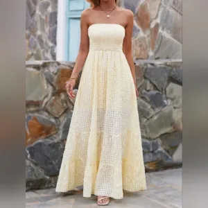 New Flowy Gingham Maxi Tiered Ruffle Tube Dress Strapless Yellow White