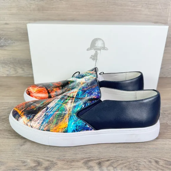 New Robert Graham Splash Mens Blue Leather Lifestyle Sneakers Shoes