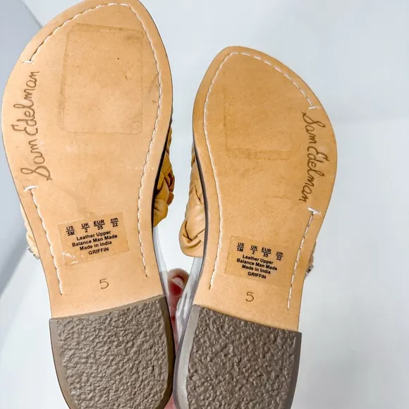 NEW Sam Edelman Griffin Tan Leather Woven Slide Sandals, Size 5, MSRP $126