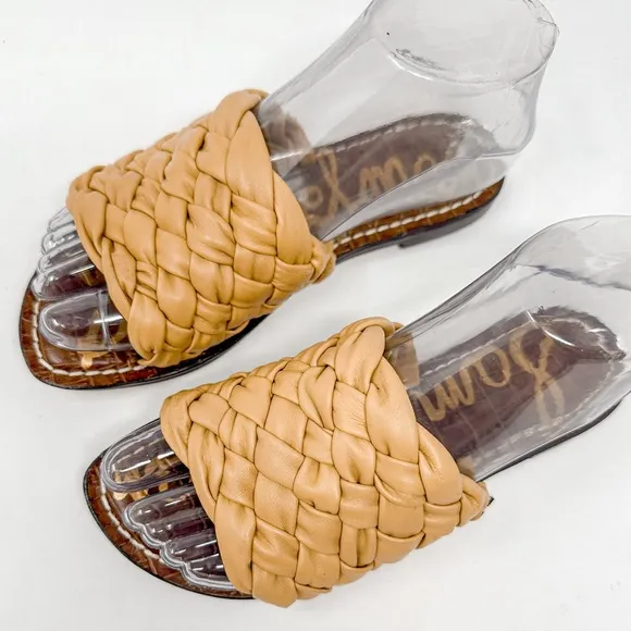 NEW Sam Edelman Griffin Tan Leather Woven Slide Sandals, Size 5, MSRP $126
