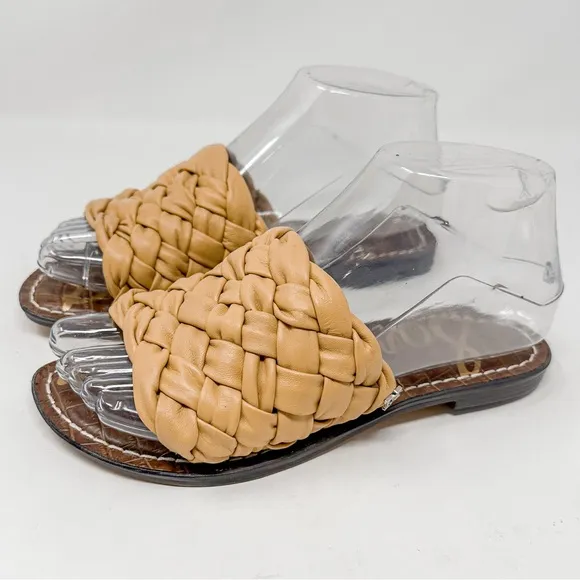 NEW Sam Edelman Griffin Tan Leather Woven Slide Sandals, Size 5, MSRP $126