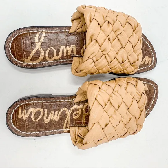 NEW Sam Edelman Griffin Tan Leather Woven Slide Sandals, Size 5, MSRP $126
