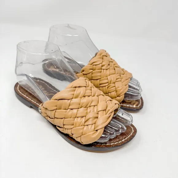 NEW Sam Edelman Griffin Tan Leather Woven Slide Sandals, Size 5, MSRP $126
