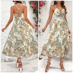 New Tropical Floral Pleated Midi Cami Dress White Tan Khaki Green Yellow