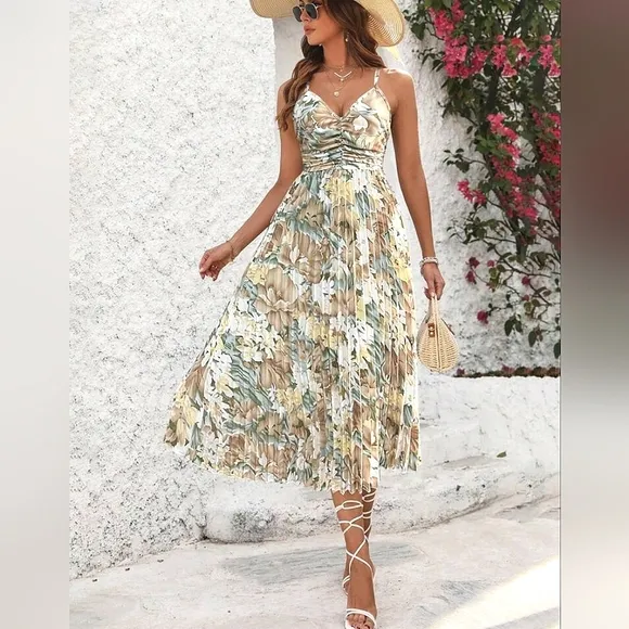 New Tropical Floral Pleated Midi Cami Dress White Tan Khaki Green Yellow