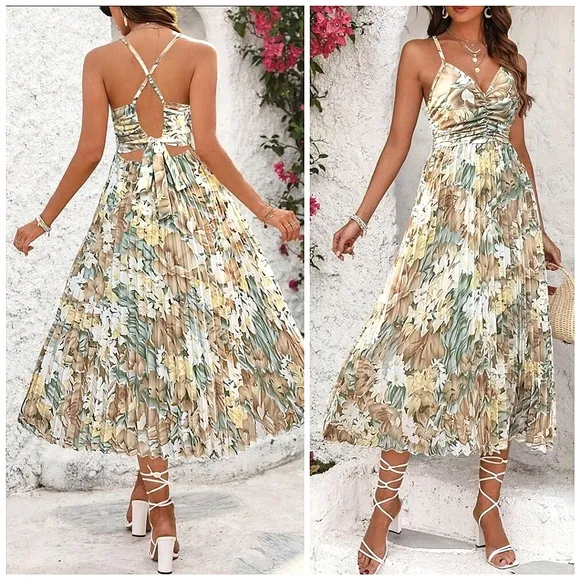 New Tropical Floral Pleated Midi Cami Dress White Tan Khaki Green Yellow