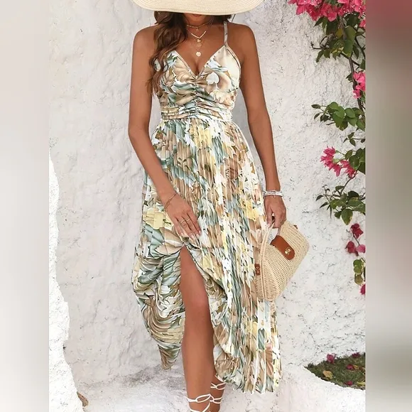 New Tropical Floral Pleated Midi Cami Dress White Tan Khaki Green Yellow