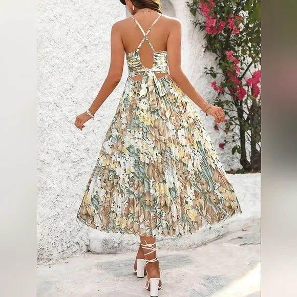 New Tropical Floral Pleated Midi Cami Dress White Tan Khaki Green Yellow