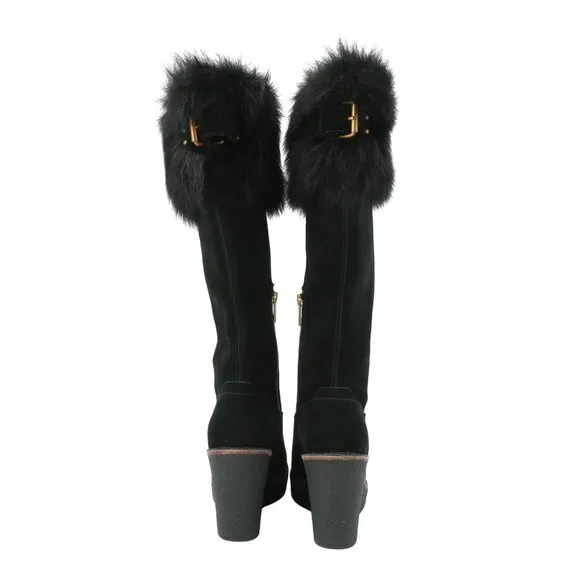 New UGG Valberg Black Tall Suede Fur Cuff Boots 5.5