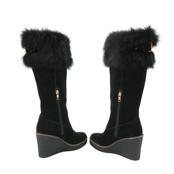 New UGG Valberg Black Tall Suede Fur Cuff Boots 5.5