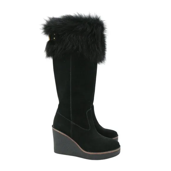 New UGG Valberg Black Tall Suede Fur Cuff Boots 5.5