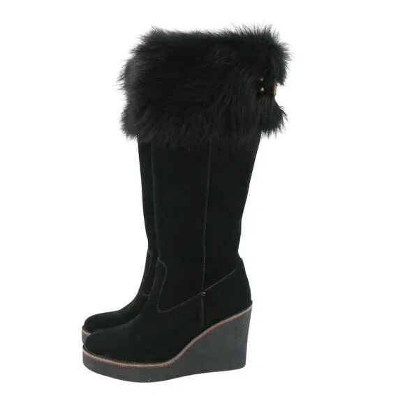 New UGG Valberg Black Tall Suede Fur Cuff Boots 5.5