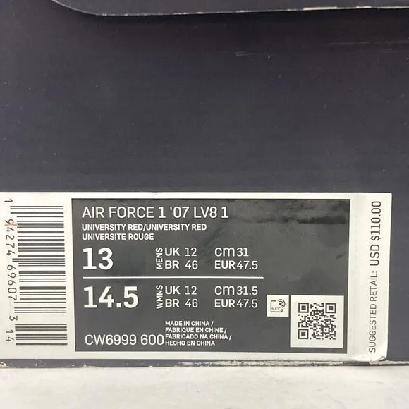 Nike Air Force 1 Low '07 LV8 -Men's 13-Triple/University Red-CW6999-600-OG Box!