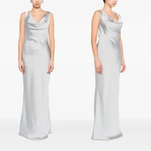 Norma Kamali Maria Satin Gown In Silver Size XL $325