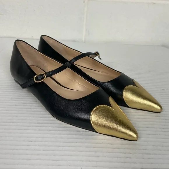 NWOT Anthropologie x Maeve‎ Heart Toe Mary Jane Leather Flats Size 7 Black Gold