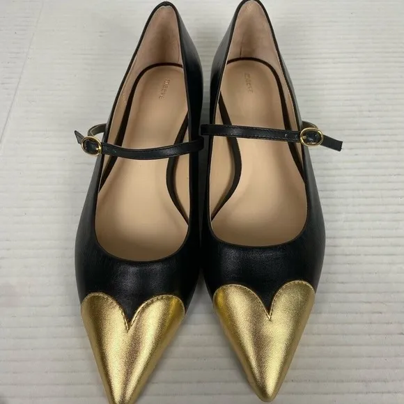 NWOT Anthropologie x Maeve‎ Heart Toe Mary Jane Leather Flats Size 7 Black Gold