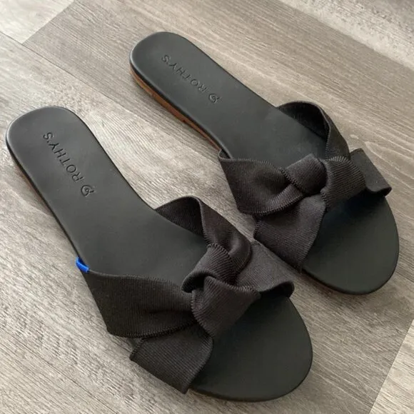 NWOT Rothy's The Knot Black Slide Sandals Womens 9 Hemp Vegan Leather Bow Knot