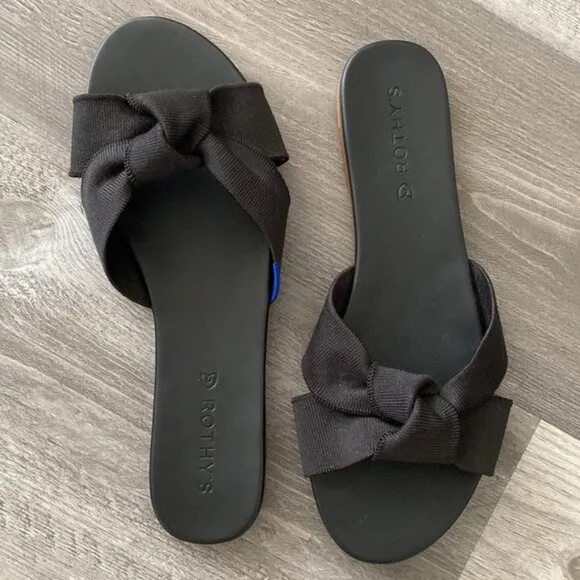 NWOT Rothy's The Knot Black Slide Sandals Womens 9 Hemp Vegan Leather Bow Knot