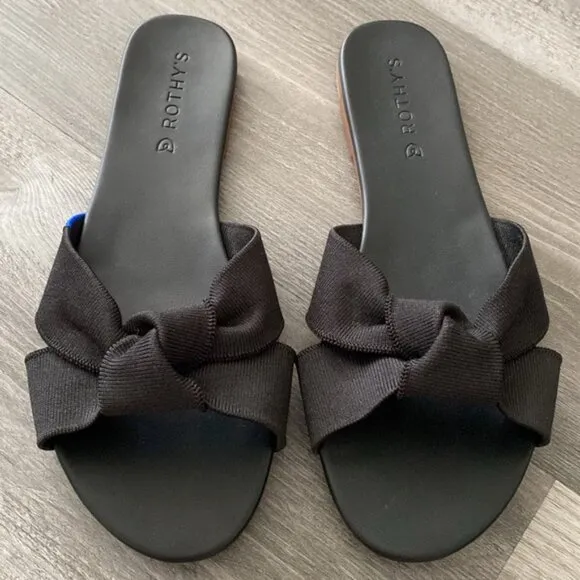 NWOT Rothy's The Knot Black Slide Sandals Womens 9 Hemp Vegan Leather Bow Knot