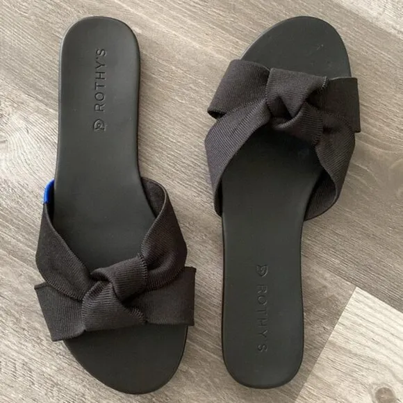 NWOT Rothy's The Knot Black Slide Sandals Womens 9 Hemp Vegan Leather Bow Knot