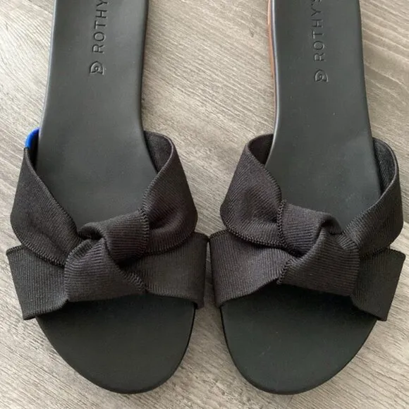NWOT Rothy's The Knot Black Slide Sandals Womens 9 Hemp Vegan Leather Bow Knot