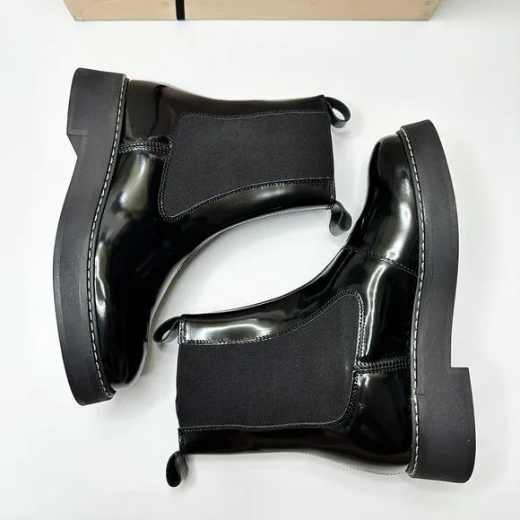 NWT Anthropologie Pilcro Contrast Stitch Black Noir Patent Leather Chelsea Boots