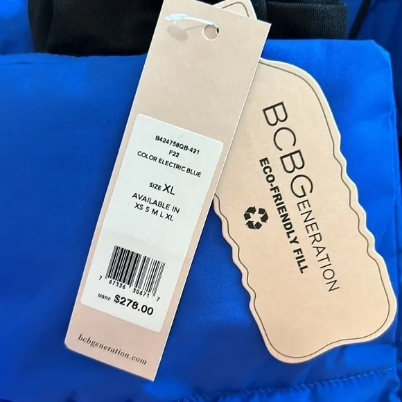 NWT BCBG Generation royal blue parka Feather-free eco-friendly fill Size XL