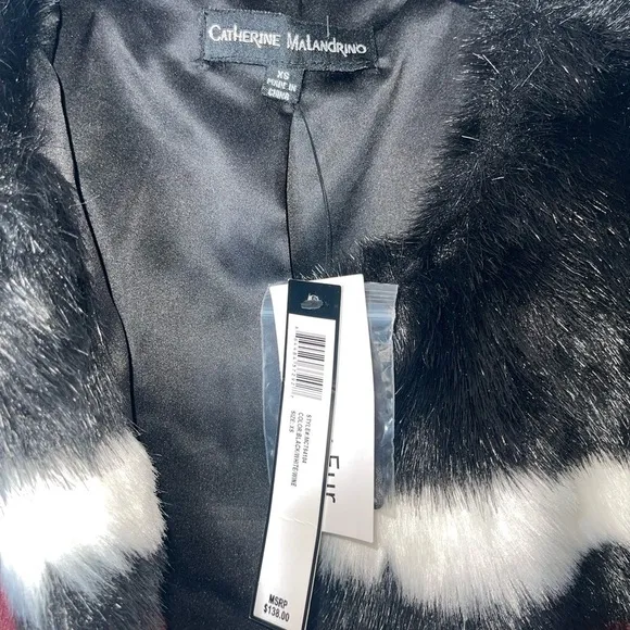 NWT CATHERINE MALANDRINO Black Burgundy Color Block Faux Fur Bomber Jacket Sz XS