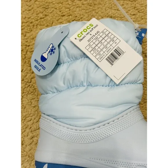 NWT Crocs Classic Lined Neo Puff Lt Blue Boots Kid's Size J5