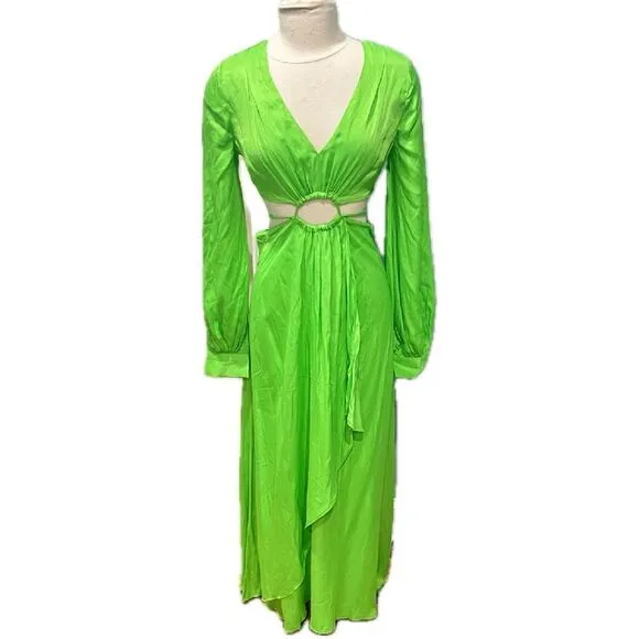 NWT FARM RIO Lime Green Cut Out Long Sleeve Maxi Dress Size Small