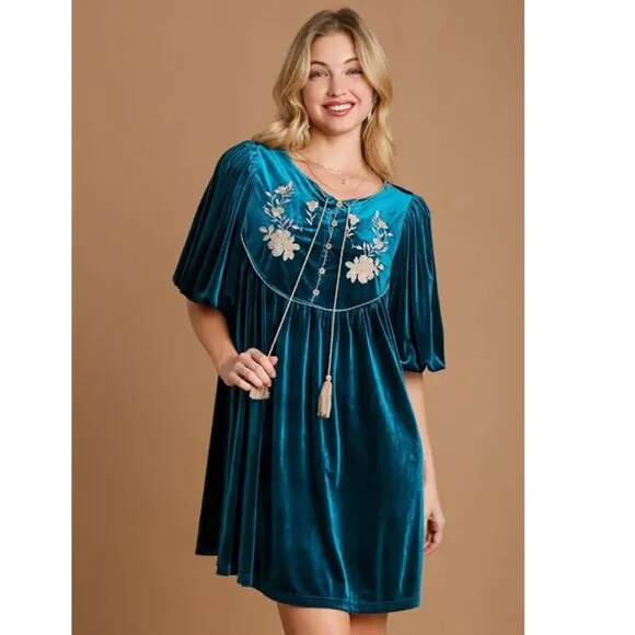 NWT Umgee Teal Velvet Mini Dress, Embroidered Puff Sleeves, Tassel, Holiday Wear