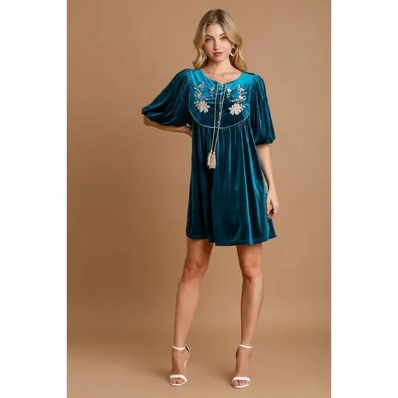 NWT Umgee Teal Velvet Mini Dress, Embroidered Puff Sleeves, Tassel, Holiday Wear