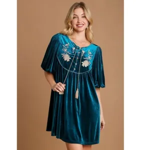 NWT Umgee Teal Velvet Mini Dress, Embroidered Puff Sleeves, Tassel, Holiday Wear