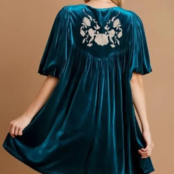 NWT Umgee Teal Velvet Mini Dress, Embroidered Puff Sleeves, Tassel, Holiday Wear