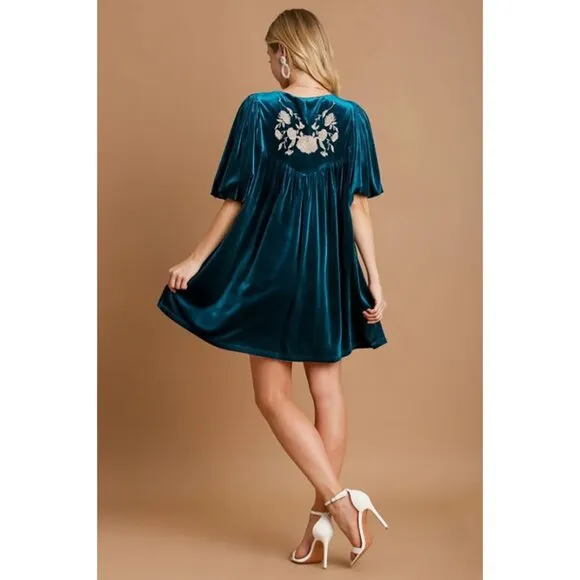NWT Umgee Teal Velvet Mini Dress, Embroidered Puff Sleeves, Tassel, Holiday Wear