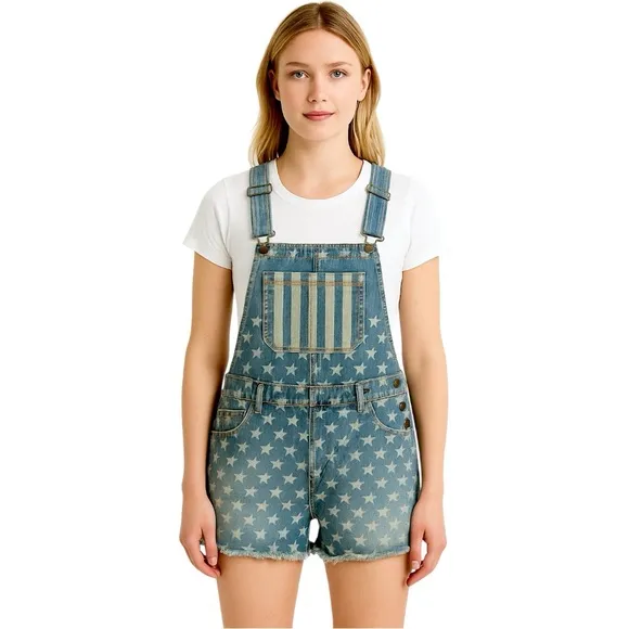 NWT Xhilaration Stars &amp; Stripes Denim Shortalls Fourth of July Vibe Size Large