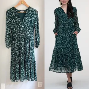 Olivia James Lydia Long Sleeve Ruffle Skirt Midi Dress in Geo Spot Lush Green
