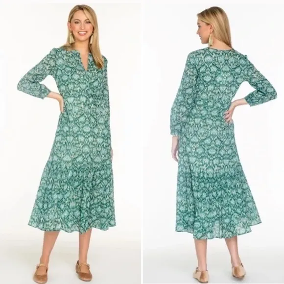 Olivia James Lydia Long Sleeve Ruffle Skirt Midi Dress in Geo Spot Lush Green