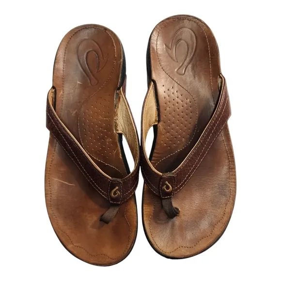 Olukai Men's Brown Kumu Leather Flip Flop Sandals Size W8 — Used, Read Descript
