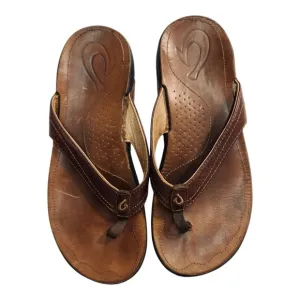 Olukai Men's Brown Kumu Leather Flip Flop Sandals Size W8 — Used, Read Descript