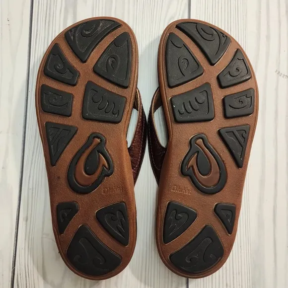 Olukai Men's Brown Kumu Leather Flip Flop Sandals Size W8 — Used, Read Descript