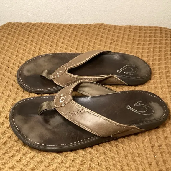 Olukai Nui Leather Beach Sandals Men's US 10 Flip Flops Brown EU 43