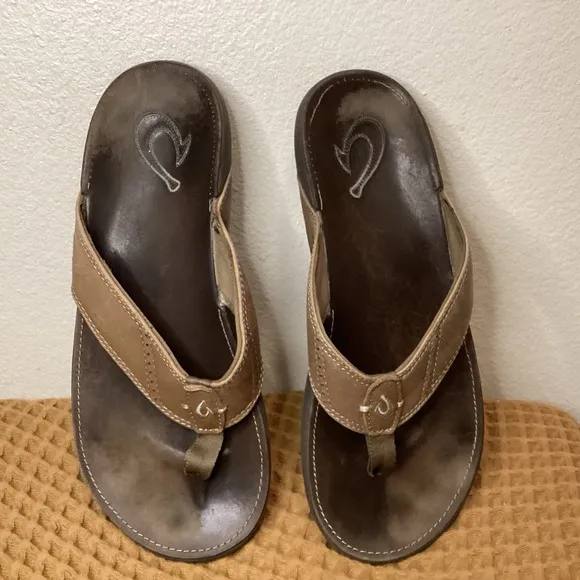 Olukai Nui Leather Beach Sandals Men's US 10 Flip Flops Brown EU 43
